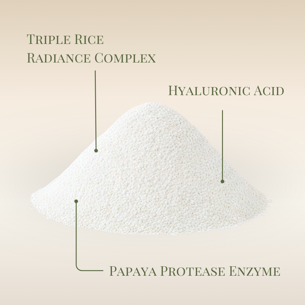 IREN Shizen's START AFRESH DAILY Enzyme Powder Wash is a gentle, waterless white powder with Triple Rice Radiance Complex, Hyaluronic Acid, and Papaya Protease Enzyme—an exfoliator inspired by rice enzyme cleansers.