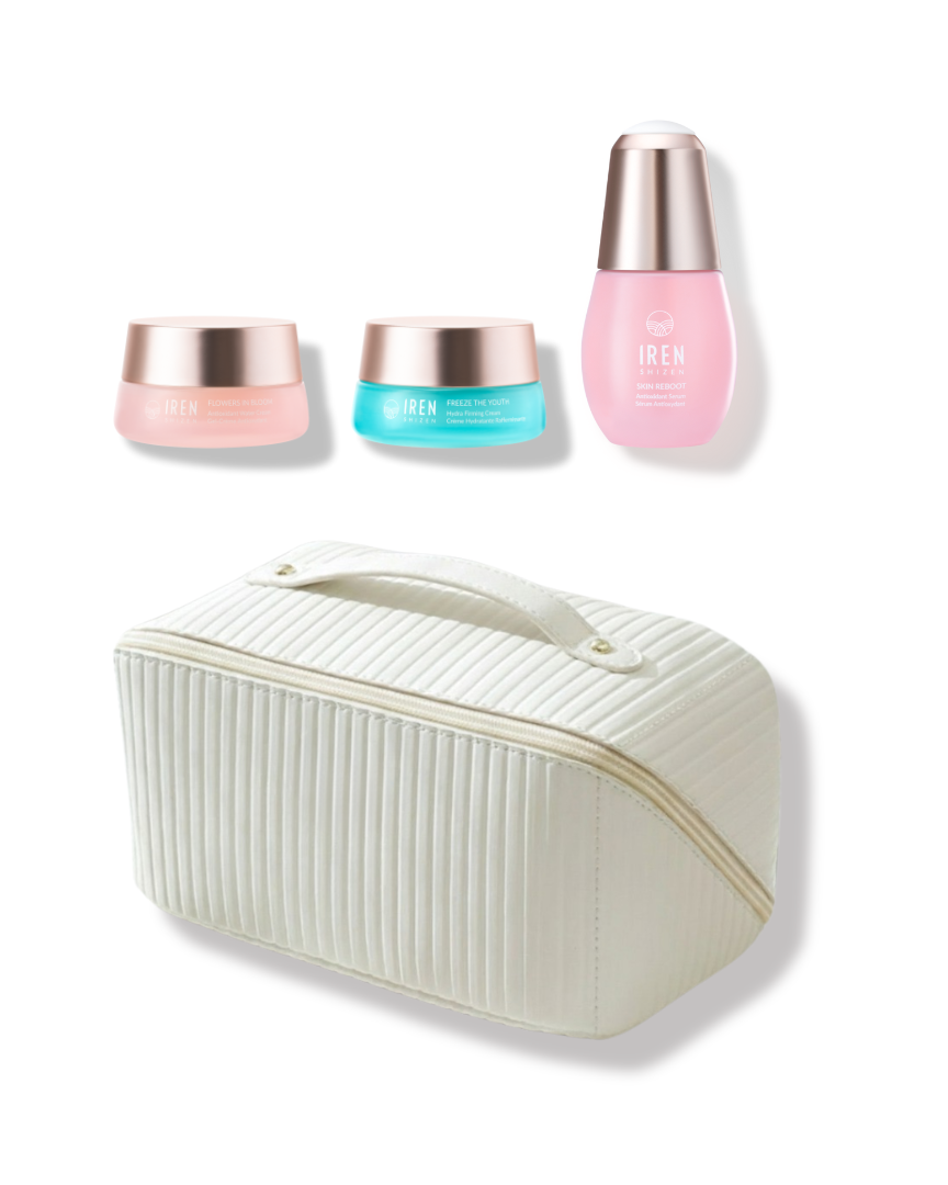 The MOCHI SKIN Instant Glow Travel Set by Fast Bundle features a white textured cosmetic bag with handle, shown below three skincare products in pastel pink and blue jars and a pink bottle, all with metallic lids.