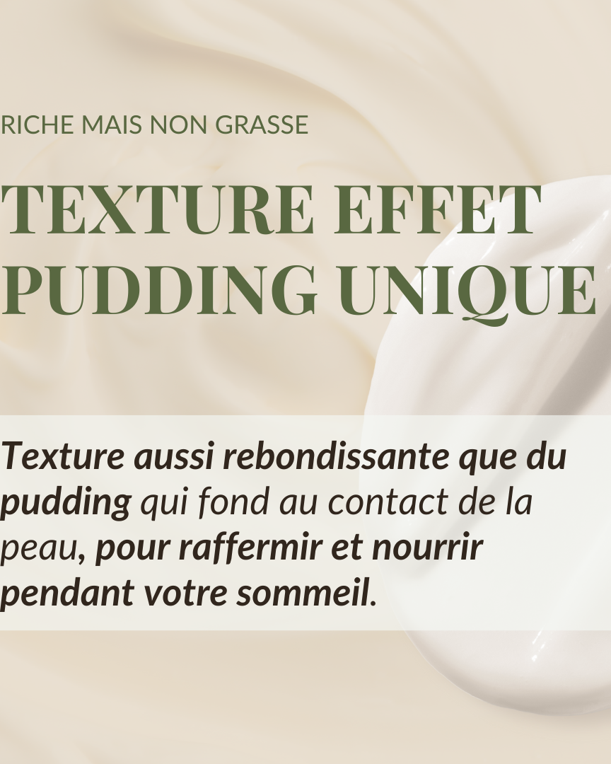 Creamy white texture with text: "Texture effet pudding unique" and "Riche mais non grasse." IREN Shizen's FREEZE THE YOUTH Hydra Firming Cream, enriched with snow mushroom extract, features a pudding-like texture for nourishing and firming skin while you sleep. #show-lang-fr #all-groups