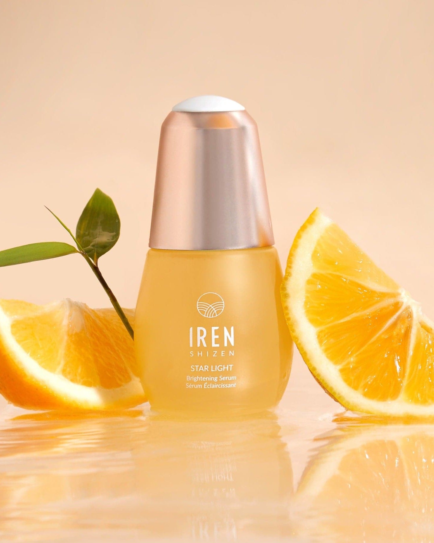 A bottle of Japanese skincare STAR LIGHT Brightening Serum by IREN Shizen.