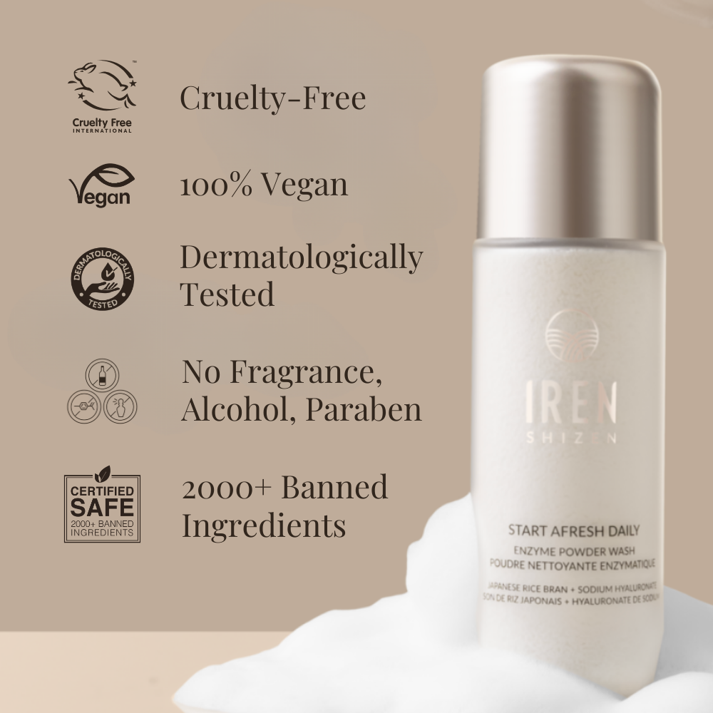 IREN Shizen START AFRESH DAILY Enzyme Powder Wash bottle on a beige background, featuring text: cruelty-free, vegan, dermatologically tested, free from fragrance/alcohol/paraben, 2000+ banned ingredients. Powered by gentle rice enzyme cleanser.