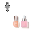 Two skincare products: One beige serum bottle with a rounded cap and "IREN Shizen" label, and one pink anti-aging serum bottle with a pump dispenser that boosts collagen production and bears the same "IREN Shizen" label.