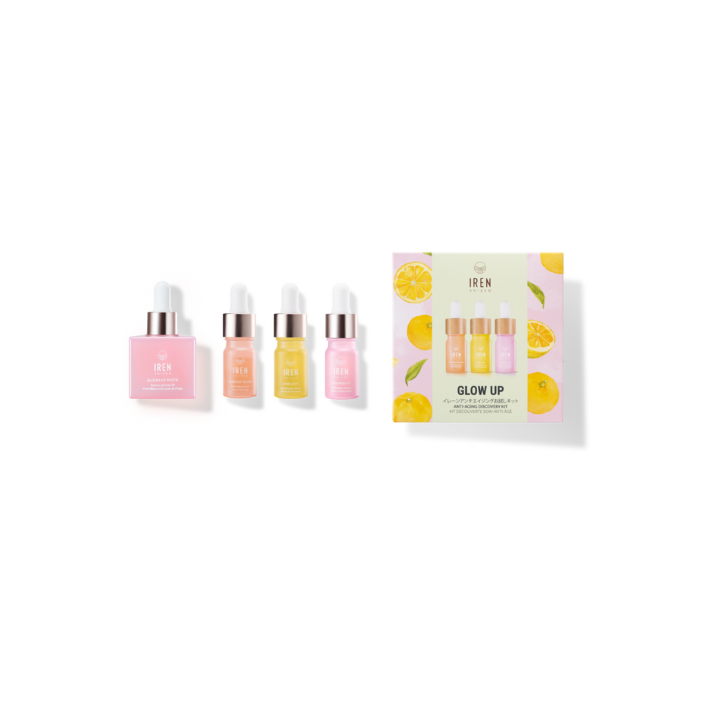A set of IREN Shizen GLOW UP Facial Oil + Serums with Japanese skincare on a white background.