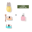 The Fast Bundle 4-STEP ROUTINE Custom Set contains two creams, facial oil, a spatula, and a "1 Free Facial Oil" label on a green box.