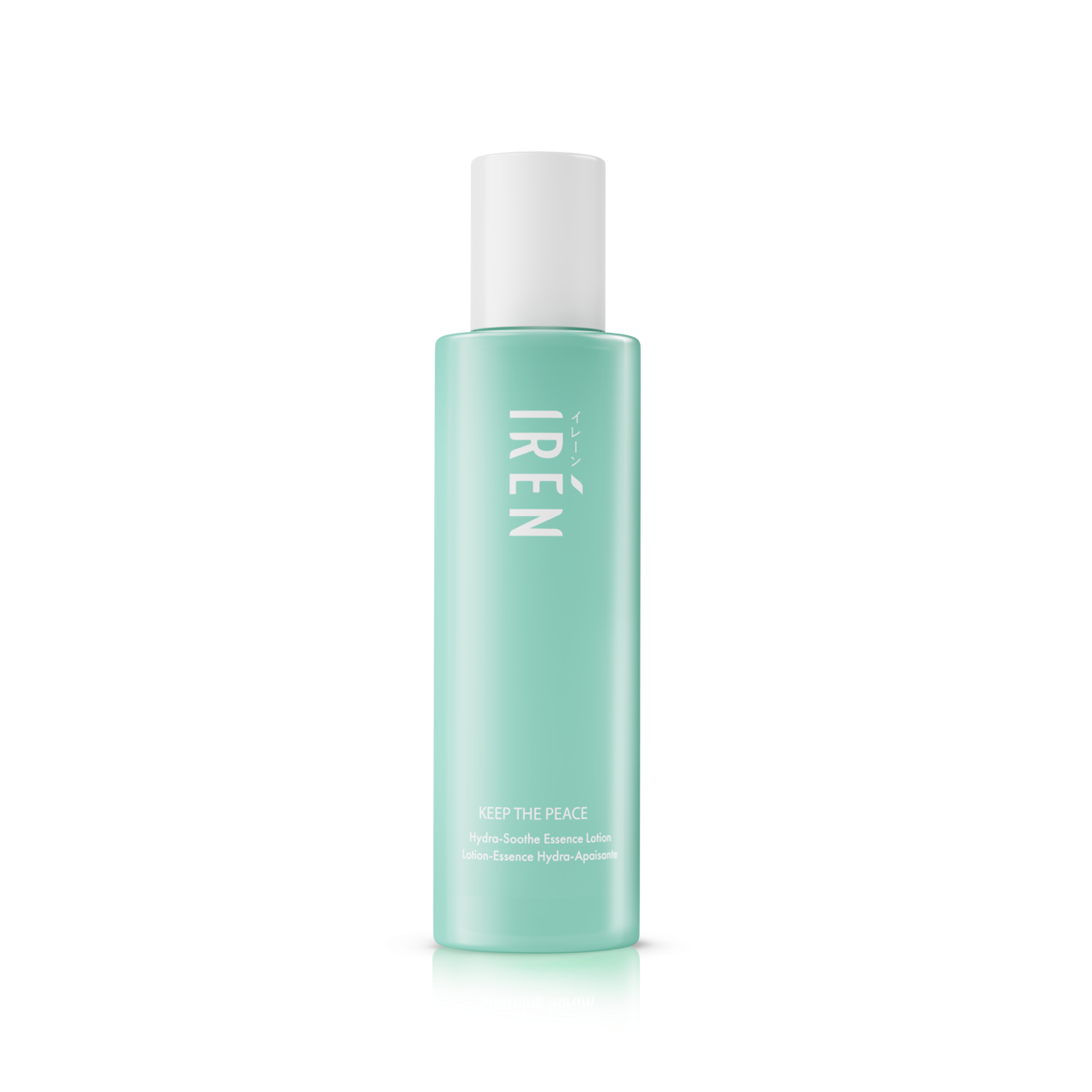 A mint green cylindrical bottle with a white cap labeled "IREN Shizen," featuring the text "KEEP THE PEACE Hydra-Soothe Essence Lotion," enriched with Centella Asiatica to boost skin moisture.