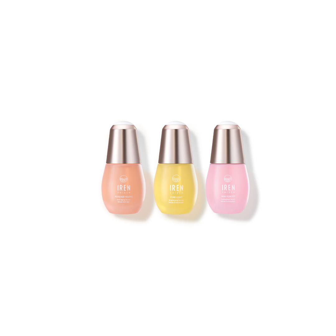 The 3-SERUM ROUTINE Custom Set by IREN Shizen features three colorful skincare serums with silver caps, displayed side by side on a white background.