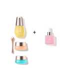 The 4-STEP ROUTINE Custom Set by Fast Bundle includes a yellow serum bottle, a spoon, two jars with blue and peach lids, and a small pink dropper bottle.