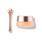 A jar of IREN Shizen TIMELESS ELIXIR Multi-Lift Eye and Lip Cream is shown alongside a rose gold application tool.