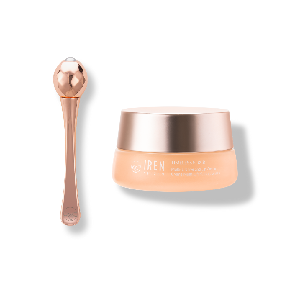 A jar of IREN Shizen TIMELESS ELIXIR Multi-Lift Eye and Lip Cream is shown alongside a rose gold application tool.