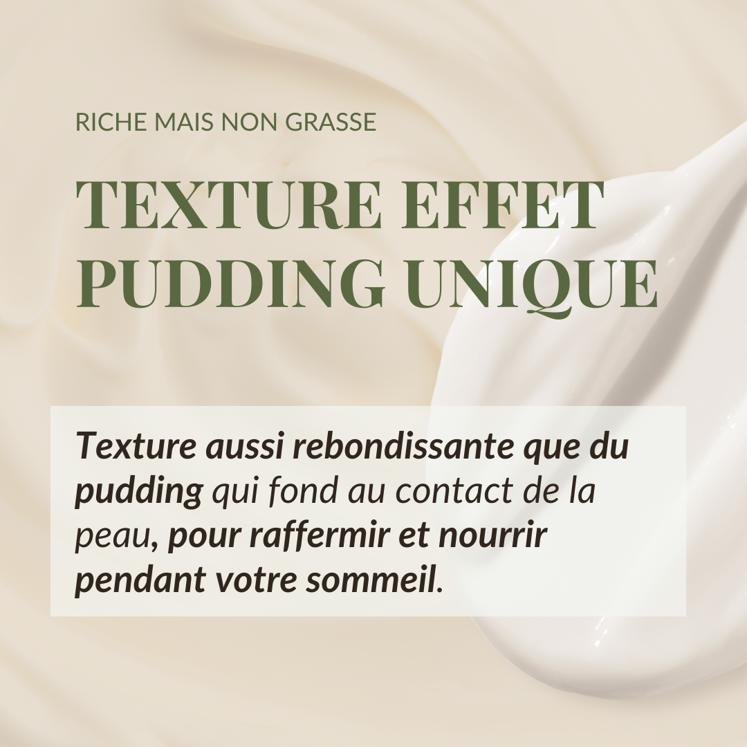 Creamy white texture with text: "Texture effet pudding unique" and "Riche mais non grasse." IREN Shizen's FREEZE THE YOUTH Hydra Firming Cream, enriched with snow mushroom extract, features a pudding-like texture for nourishing and firming skin while you sleep. #show-lang-fr #all-groups