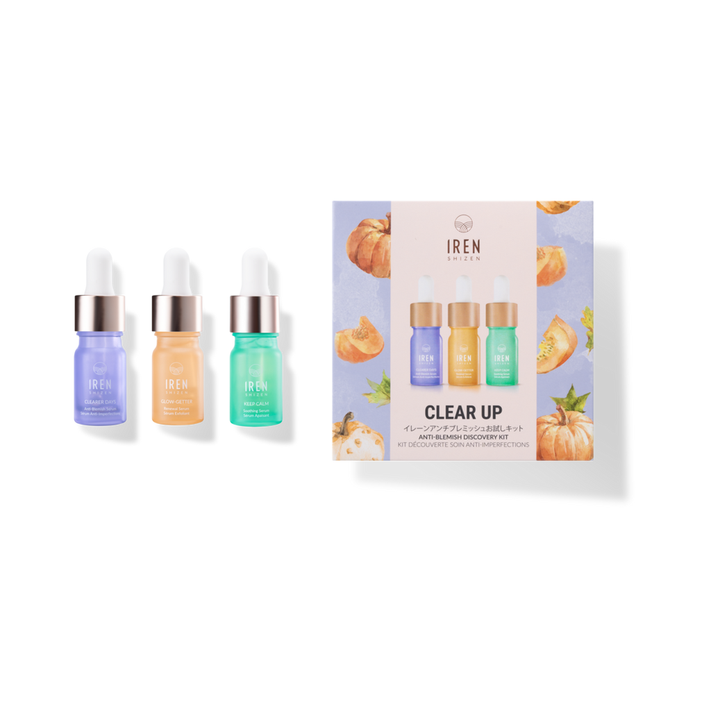 IREN Shizen CLEAR UP Anti-Blemish Discovery Kit set with three bottles of custom Japanese skincare oil and a box.
