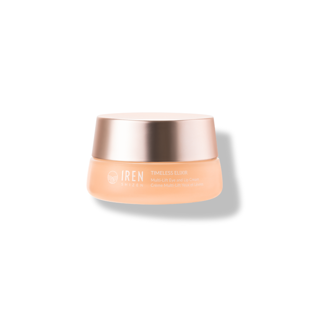 A jar of SAMPLE Eye & Lip Cream by IREN Shizen with a beige and gold design on a white background.